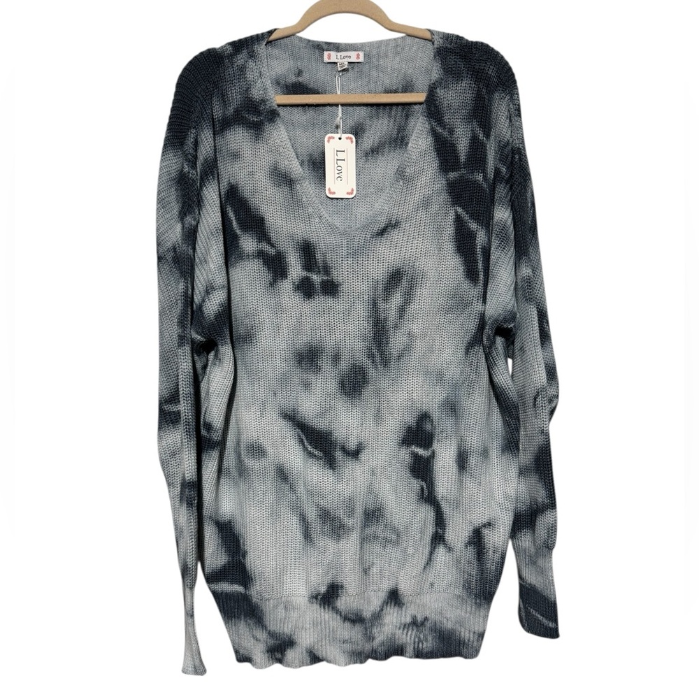 I Love NWT Blue Tie Dye V Neck Knit Oversized Sweater Friday Mood Size Large